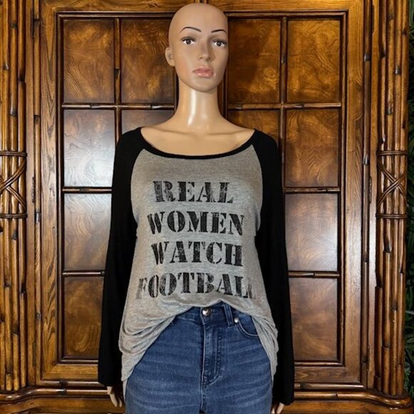 Triumph REAL WOMEN WATCH FOOTBALL Heather Gray & Black Long Sleeve Tee - Picture 1 of 14